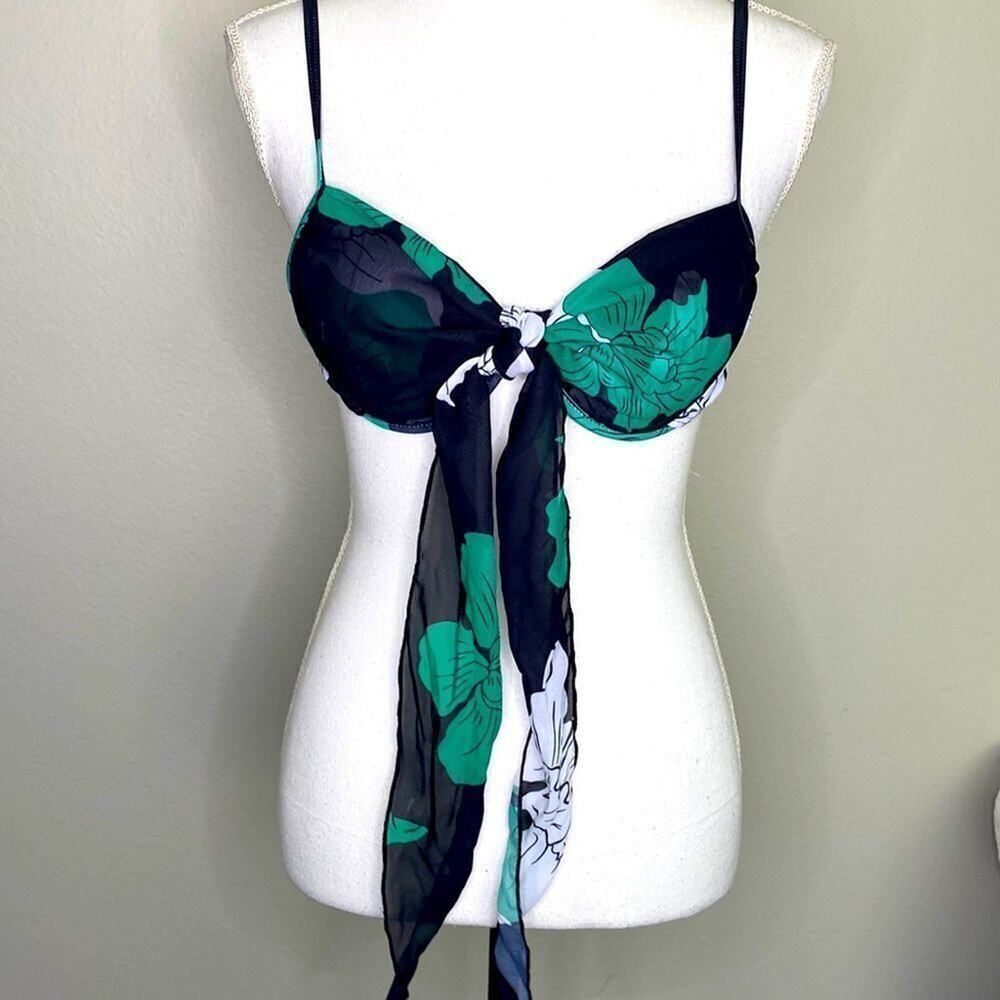 Shein Bathing Suit Top Black with Green Flowers and Sheer Tie. beautiful…